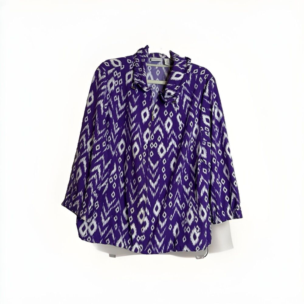 Zenergy by Chico's Purple/White Geometric Hooded Full Zip Jacket Large 3/4 Slv